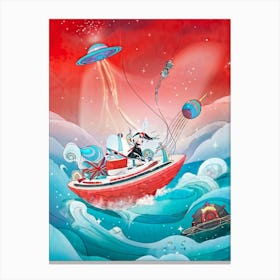 Hand Drawn Illustration Digital Hybrid Boat Navigating Whimsical Waves That Simulate A Cosmic Dance Canvas Print