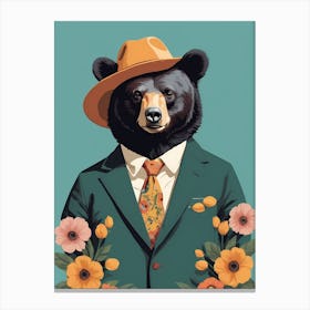 Floral Black Bear Portrait In A Suit (13) Canvas Print