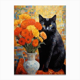 Black Cat With Flowers 2 Canvas Print