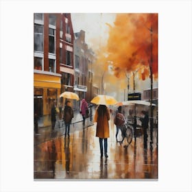 Amsterdam cafes, autumn season, rain, autumn oil colours.Faded colours,People passing on the street, winter clothes, rain umbrellas.11 2 Canvas Print