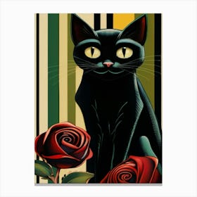 Black Cat With Roses 1 Canvas Print