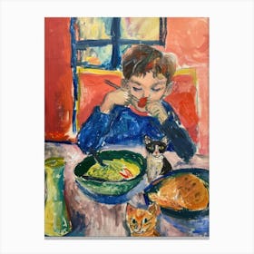 Portrait Of A Boy With Cats Having Ramen 3 Canvas Print