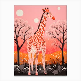 Giraffe With Trees In The Background Pink & Mustard 1 Canvas Print