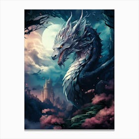 White Dragon Flying Over Landscape Under Full Moon Canvas Print