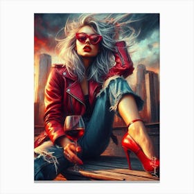 Girl With Leather Jacket And A Glass Of Wine Canvas Print