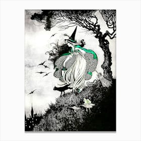 The Little Witch by Ida Rentoul Outhwaite - Remastered Illustration in Black and White - Green Witch With A Broomstick, Frog and Black Cat - Fairytale Vintage Victorian Witchcore Famous Witchy Cottagecore Fairycore Canvas Print