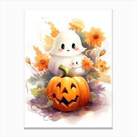 Cute Ghost With Pumpkins Halloween Watercolour 117 Canvas Print