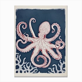 Detailed Octopus On The Ocean Floor Linocut Inspired 5 Canvas Print
