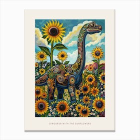 Dinosaur In A Sunflower Field Landscape Painting 2 Poster Canvas Print