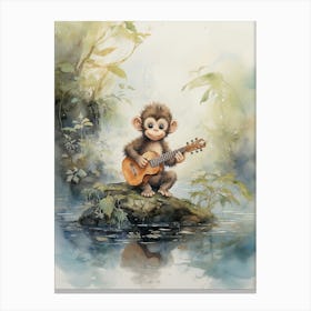 Monkey Painting Fishing Watercolour 4 Canvas Print