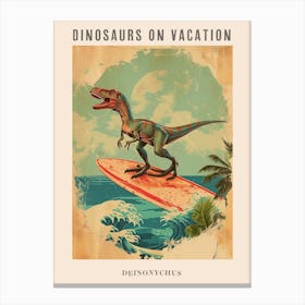 Vintage Deinonychus Dinosaur On A Surf Board 1 Poster Canvas Print
