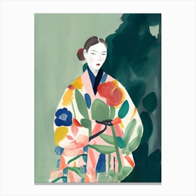 Girl With A Big Kimono Watercolour Canvas Print