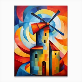 Windmill Tower III, Avant Garde Vibrant Colorful Painting in Cubism Picasso Style Canvas Print