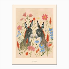 Folksy Floral Animal Drawing Donkey 2 Poster Canvas Print