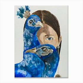  Girl and Peacocks Blue aesthetic drawing Canvas Print
