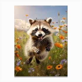 Cute Funny Crab Eating Raccoon Running On A Field 4 Canvas Print