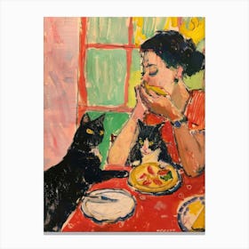 Portrait Of A Girl With Cats Eating Pizzas 3 Canvas Print