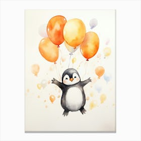 Penguin Flying With Autumn Fall Pumpkins And Balloons Watercolour Nursery 2 Canvas Print