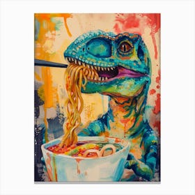 Dinosaur Eating Ramen Blue Brushstroke 3 Canvas Print