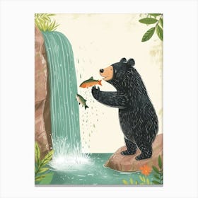 American Black Bear Catching Fish In A Waterfall Storybook Illustration 1 Canvas Print