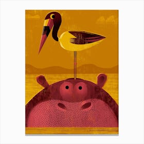 Hippo With Pesky Stork Canvas Print