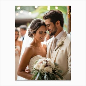 Elegant Bride And Groom Embracing In A Luxury Wedding Setting Bouquet In Hand Surrounded By Cheerf (1) Leinwandbild