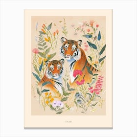 Folksy Floral Animal Drawing Tiger 4 Poster Canvas Print