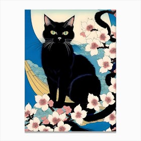 Black Cat With Cherry Blossoms Canvas Print