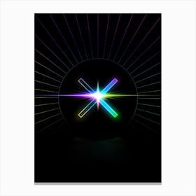 Neon Geometric Glyph in Candy Blue and Pink with Rainbow Sparkle on Black n.0228 Canvas Print