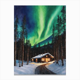 The Northern Lights - Aurora Borealis Rainbow Winter Snow Scene of Lapland Iceland Finland Norway Sweden Forest Lake Watercolor Beautiful Celestial Artwork for Home Gallery Wall Magical Etheral Dreamy Traditional Christmas Greeting Card Painting of Heavenly Fairylights 5 Canvas Print