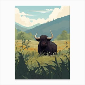 Animated Black Bull Sat In Highlands Fields Canvas Print