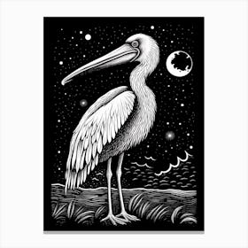 B&W Bird Linocut Pelican 3 Canvas Print