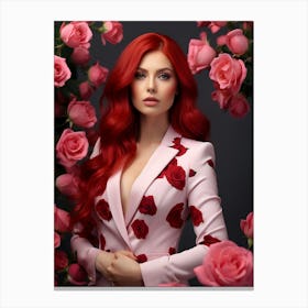 Beautiful Woman With Red Hair Posing With Roses Canvas Print