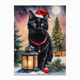Christmas Black Cat - Watercolor Winter Scene of Beautiful Black Cat Wearing a Santa Hat By A Lantern and Holly and Xmas Trees on a Full Moon in the Snow - Yule Decor Pagan Prints Witchy Wall Art Greetings From The Black Cat Travels Canvas Print