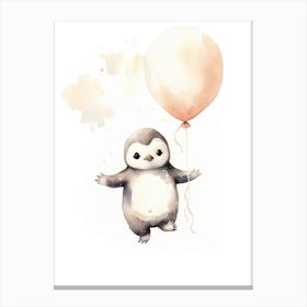 Baby Penguin Flying With Ballons, Watercolour Nursery Art 4 Canvas Print