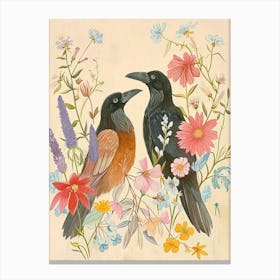 Folksy Floral Animal Drawing Raven 4 Canvas Print