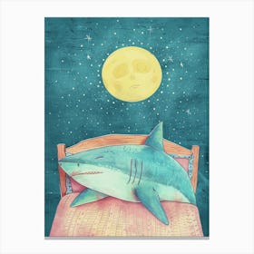 Pastel Blue Sleepy Shark With Moon Illustration 1 Canvas Print