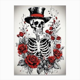 Floral Skeleton With Hat Ink Painting (91) Canvas Print