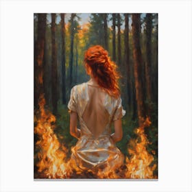 The Unburnt - Beautiful Red Haired Woman in a Fiery Forest, She Does Not Burn - Powerful Witchy Art Print Pagan Red Headed Witch Celtic Painting Fire Element Canvas Print