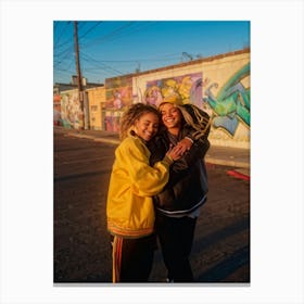 Best Friends Embracing Capturing An Intimate Candid Moment Smiles Creasing Their Faces One Drape (1) Canvas Print