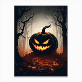 Spooky Pumpkin In Dark Forest, Halloween Night Decor Canvas Print