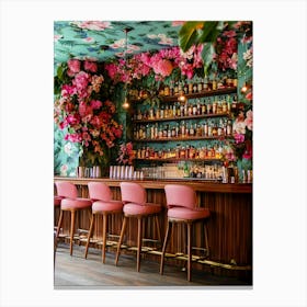 Bar With Pink Chairs And Flowers Canvas Print