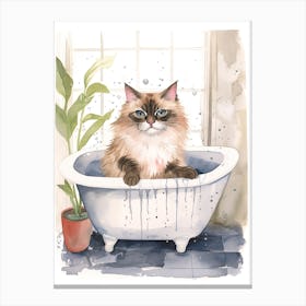 Birman Cat In Bathtub Botanical Bathroom 1 Canvas Print