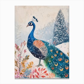 Folky Peacock In A Snow Scene 2 Canvas Print
