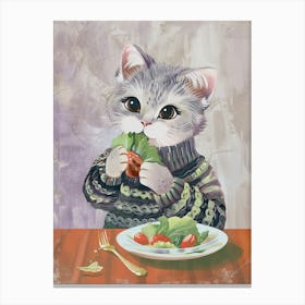 Cute Cat Eating Salad Folk Illustration 1 Canvas Print