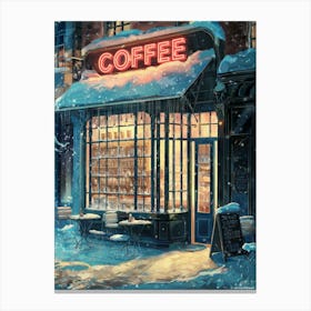 Anime Canvas Art: Cozy Winter Coffee Shop with Neon Signs and Falling Snow, Perfect for Lofi Aesthetic and Warm Urban Decor Lovers. Canvas Print