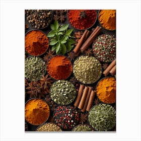 Various Spices On A Black Background Canvas Print