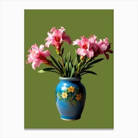 Pink Flowers In A Blue Vase Canvas Print