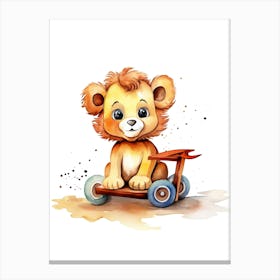 Baby Lion On A Toy Car, Watercolour Nursery 2 Canvas Print