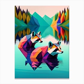 Two Raccoons Swimming In Lake Modern Geometric Aqua Canvas Print